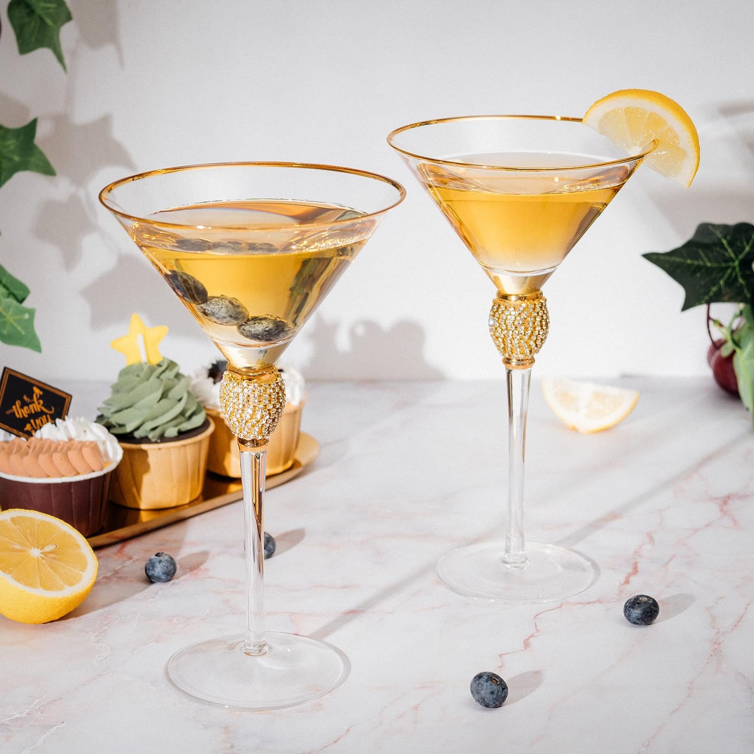 Diamond collection two piece stemmed martini glasses set featuring gold rims and crystal embellished centerpieces — view 4