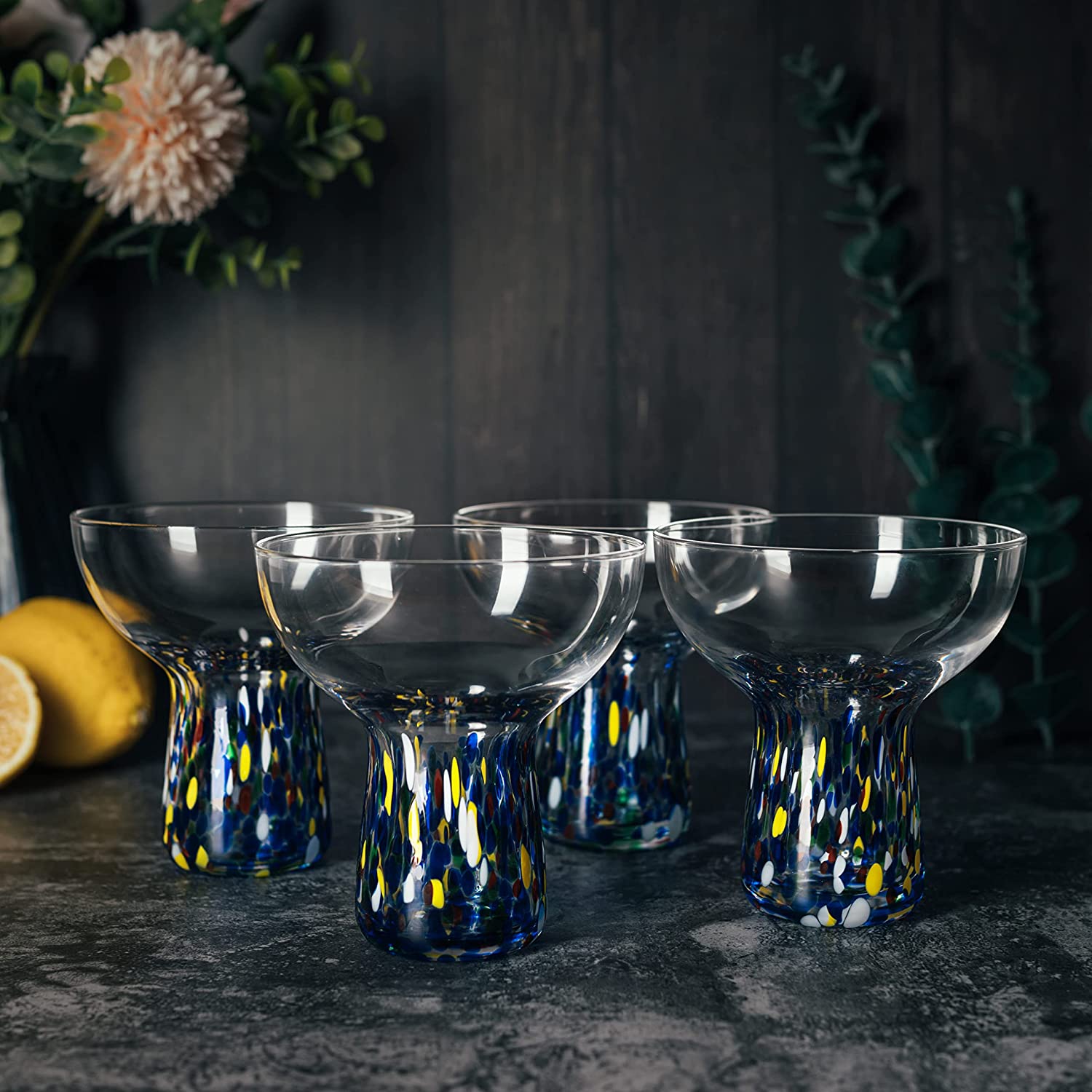 Stemless confetti margarita glasses set of four hand blown colorful cocktail glassware for home bars — view 3