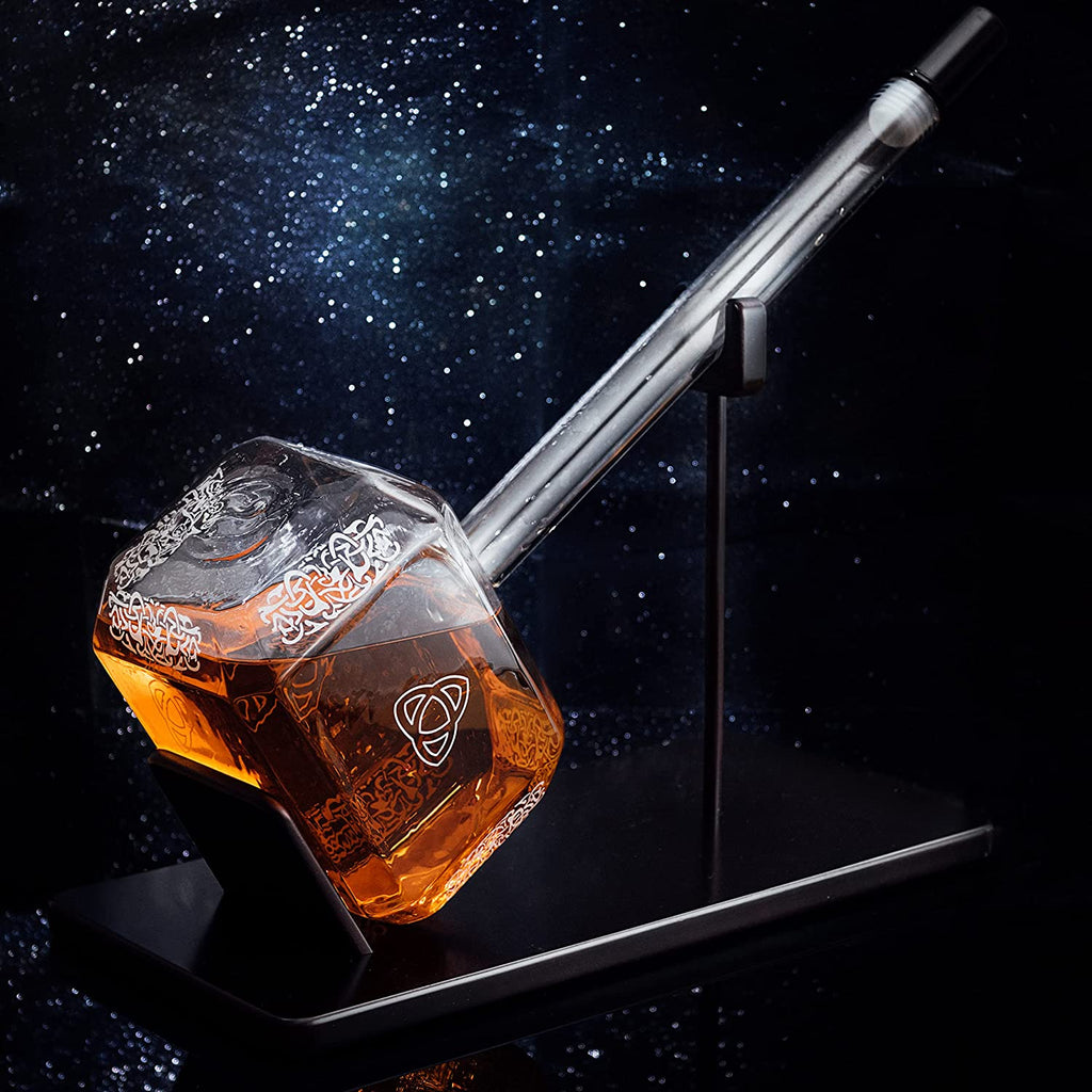 Clear hand-blown borosilicate glass Thor's hammer whiskey decanter for serving premium spirits at home. — view 3