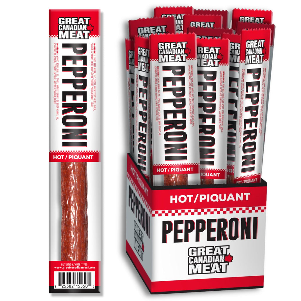 18 pack of hot pepperoni sticks in a display caddy high protein gourmet meat snack — view 2