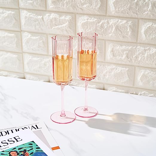 Pink flower champagne flutes set of two, elegant vintage tinted glassware for prosecco and wine — view 4