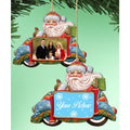 Handcrafted wooden Santa and snowman picture frame Christmas ornament for a holiday photograph