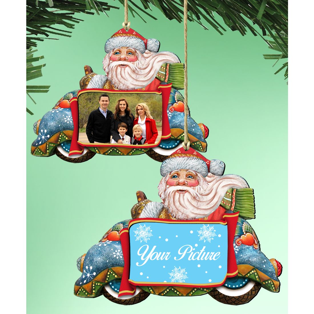 Handcrafted wooden Santa and snowman picture frame Christmas ornament for a holiday photograph