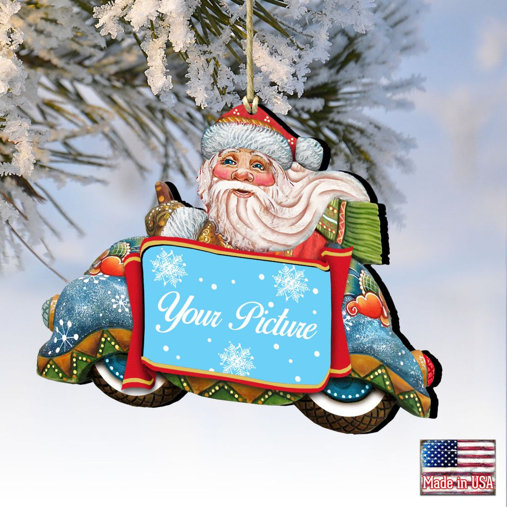 Handcrafted wooden Santa and snowman picture frame Christmas ornament for a holiday photograph — view 2