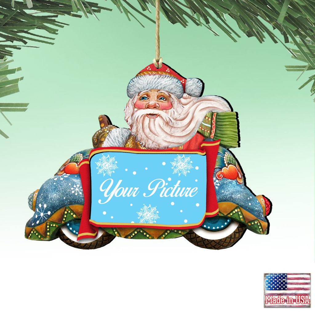 Handcrafted wooden Santa and snowman picture frame Christmas ornament for a holiday photograph — view 5