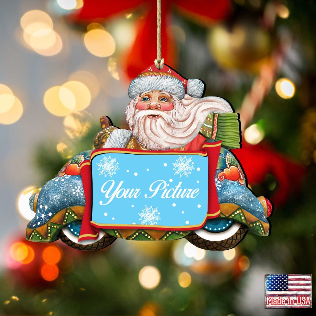 Handcrafted wooden Santa and snowman picture frame Christmas ornament for a holiday photograph — view 3