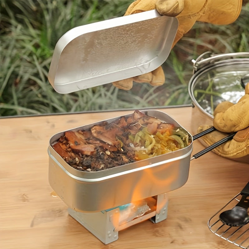 Square aluminum lunch box set with wooden cutting board lid, steamer rack, and built-in handle — view 5