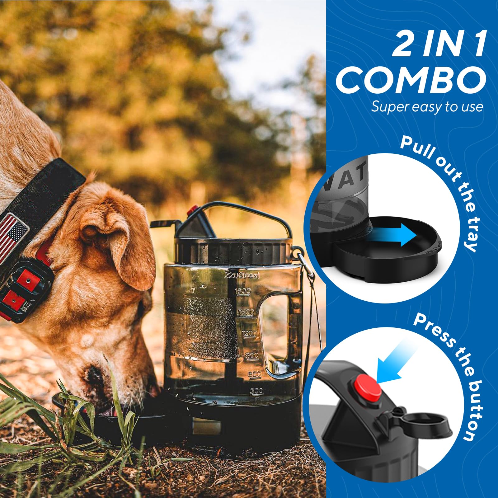 Large dog travel water bowl dispenser with carrying strap and capacity markers for outdoor hiking — view 2