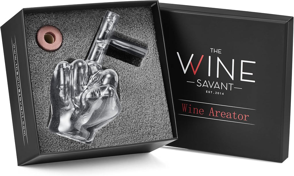 Clear Italian wine aerator decanter pouring red wine directly from the bottle to a glass — view 2