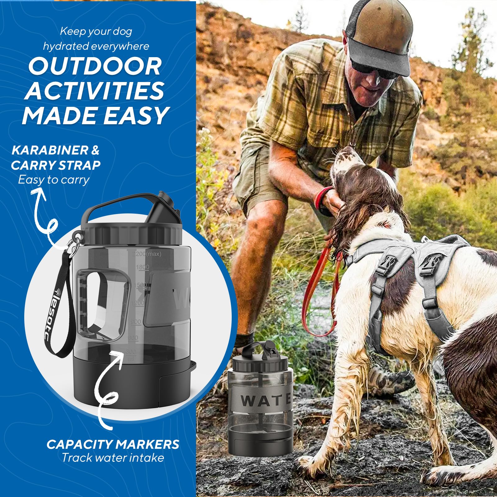 Large dog travel water bowl dispenser with carrying strap and capacity markers for outdoor hiking — view 3