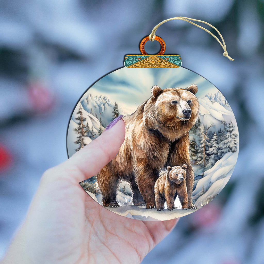 Grizzly bear with cub wooden ornament handcrafted birch plywood wildlife Christmas decor — view 5