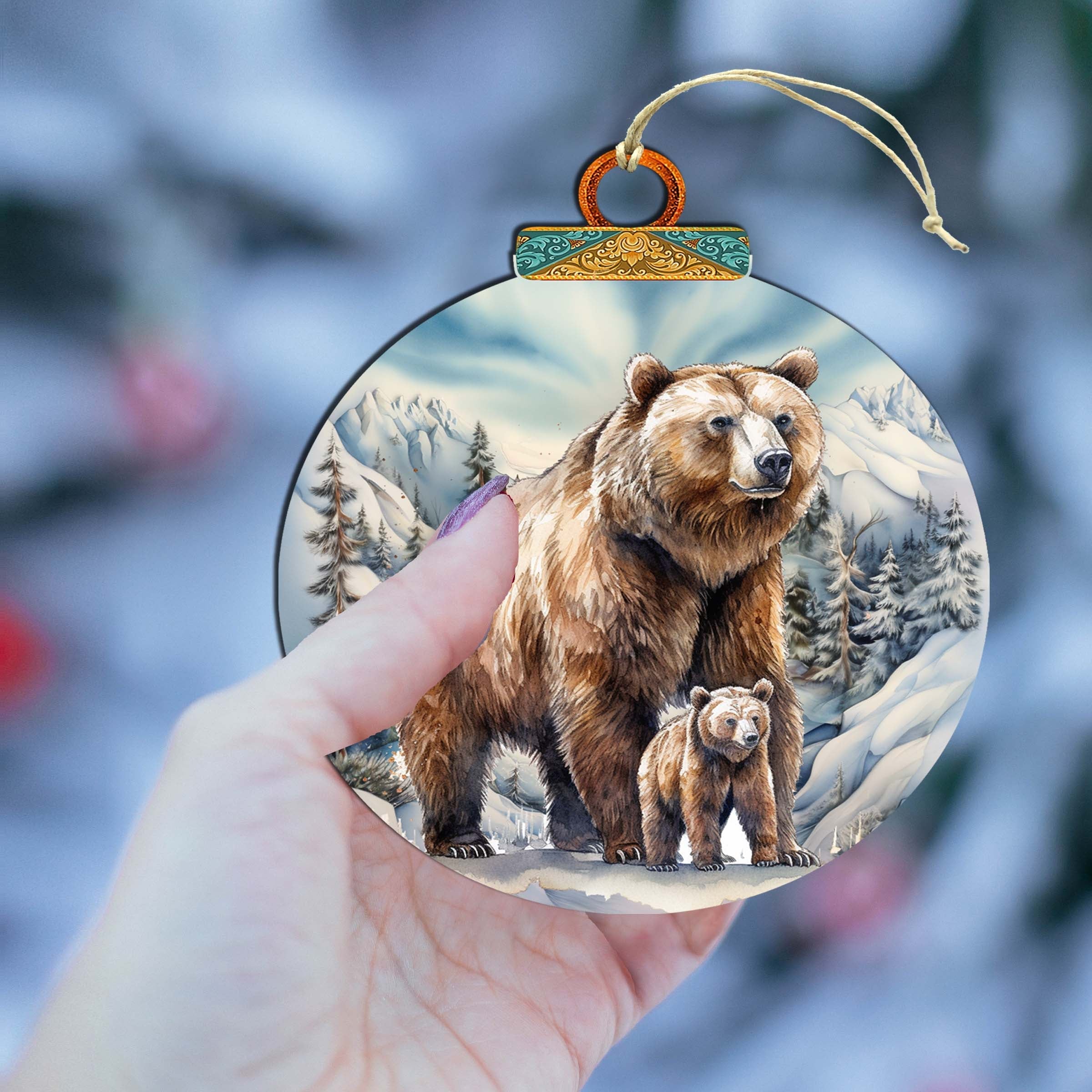 Grizzly bear with cub wooden ornament handcrafted birch plywood wildlife Christmas decor — view 5