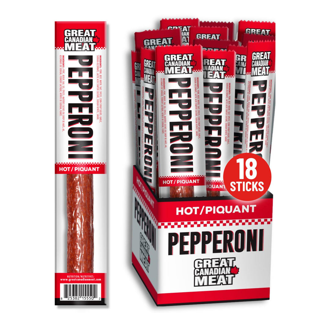 18 pack of hot pepperoni sticks in a display caddy high protein gourmet meat snack