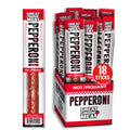 18 pack of hot pepperoni sticks in a display caddy high protein gourmet meat snack