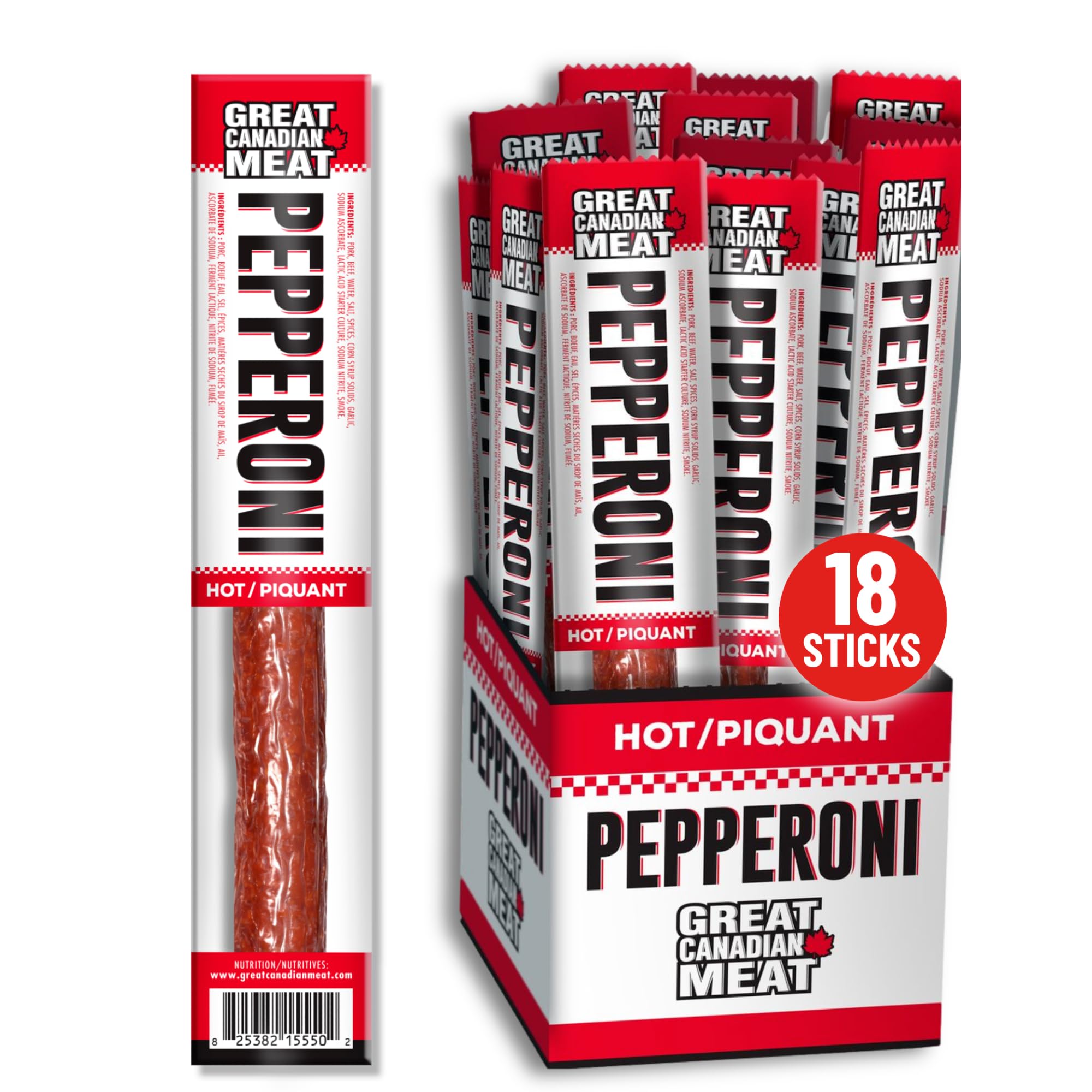 18 pack of hot pepperoni sticks in a display caddy high protein gourmet meat snack