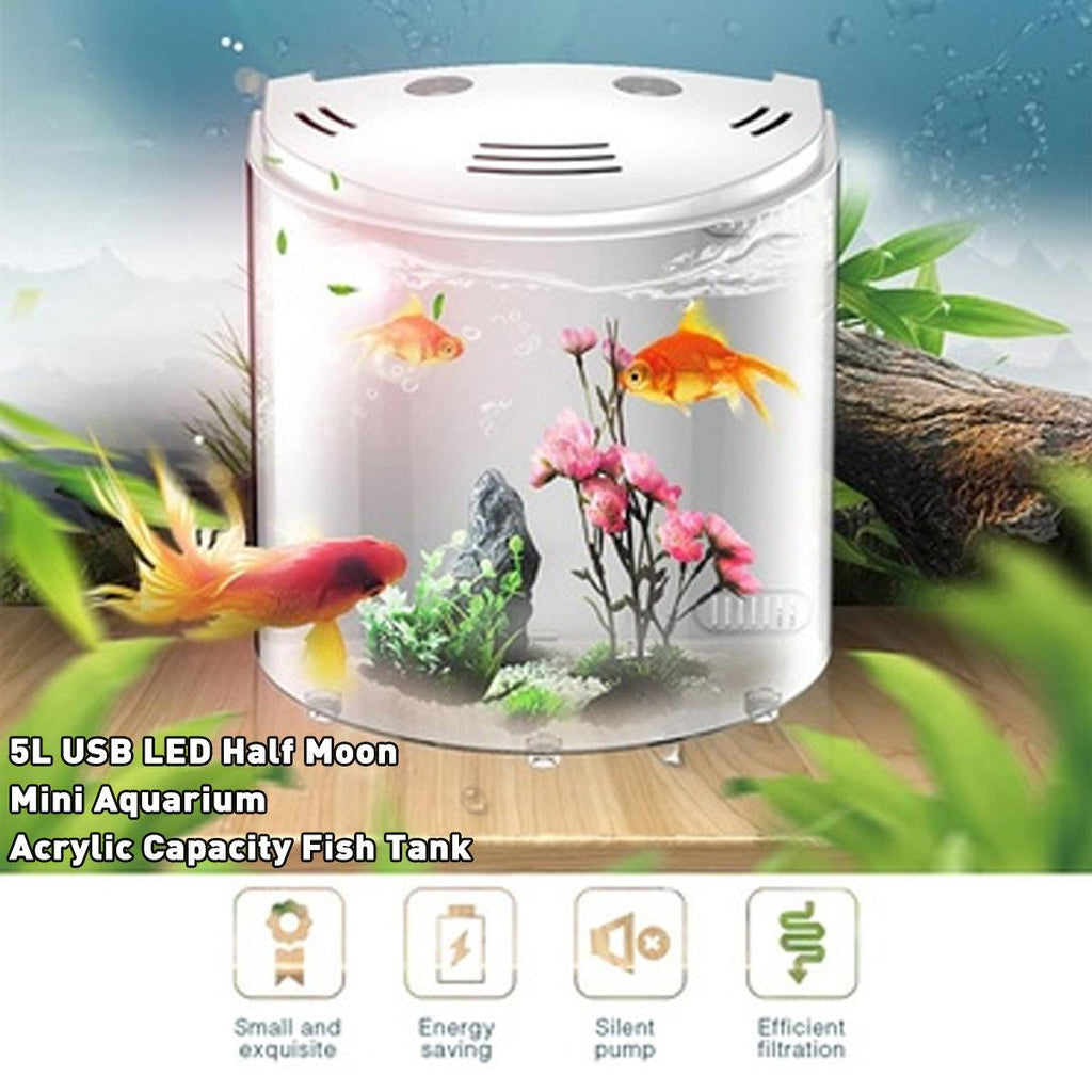 Eco-AquaView clear acrylic half-moon fish tank with built-in LED light and filtration on a desk — view 5