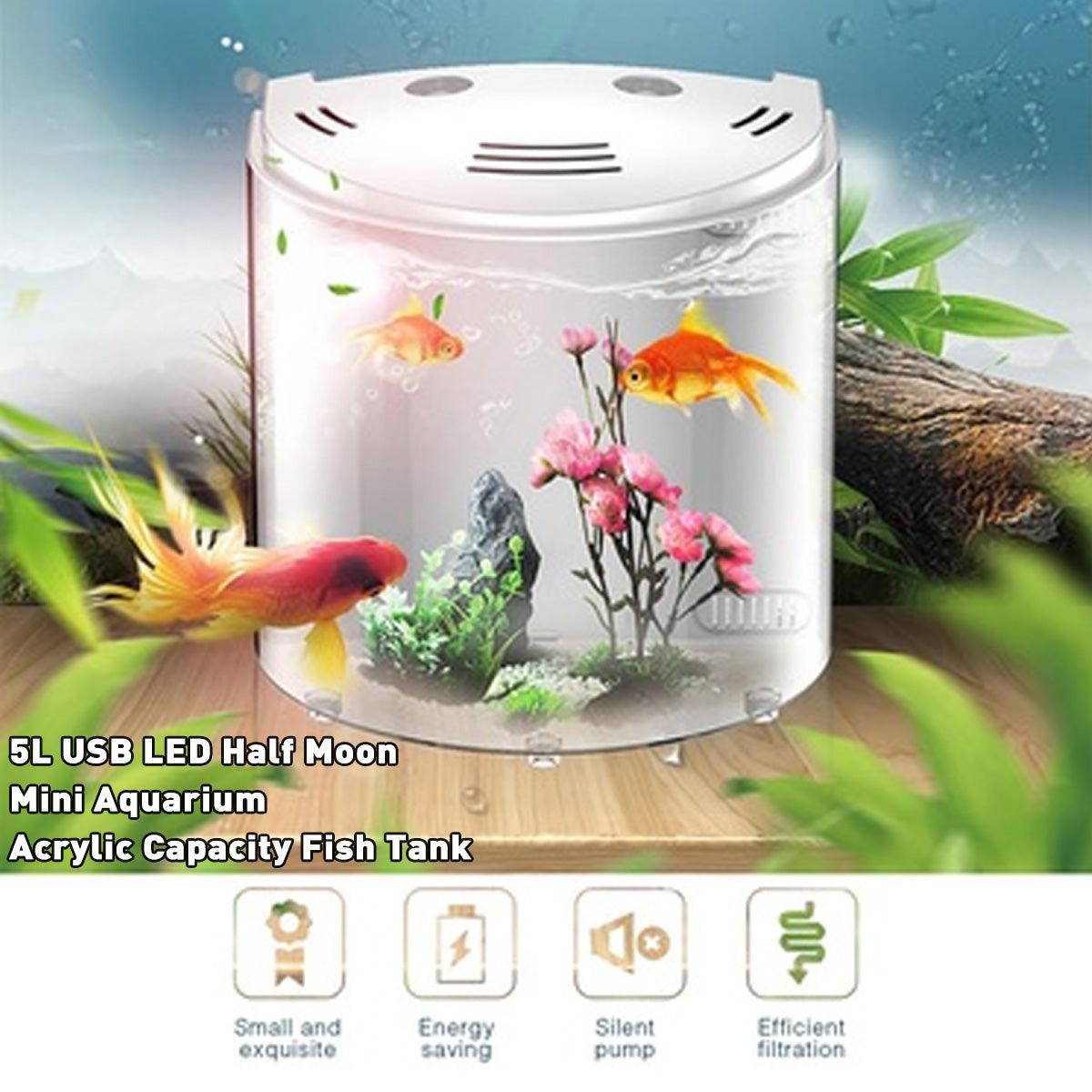 Eco-AquaView clear acrylic half-moon fish tank with built-in LED light and filtration on a desk — view 5