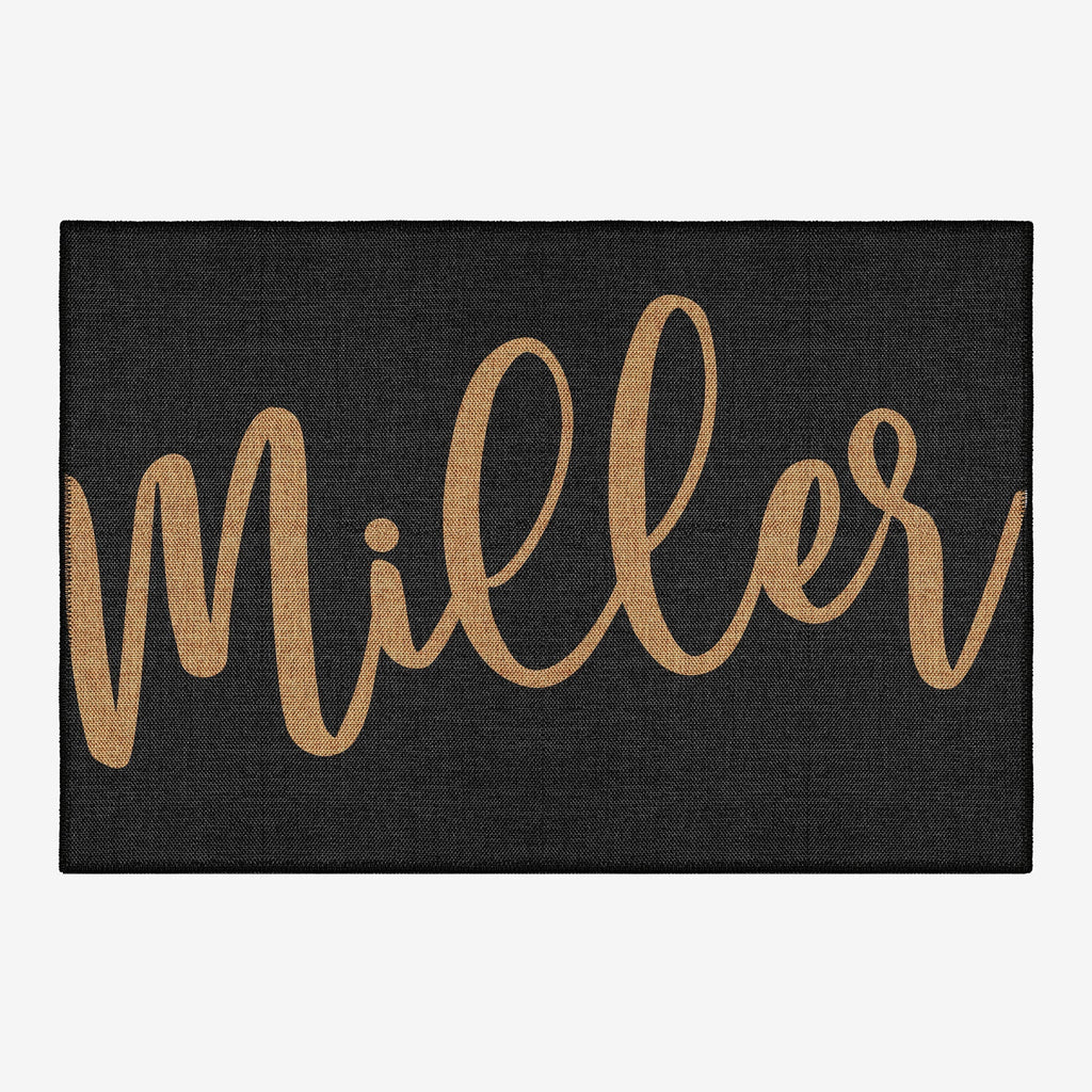 Personalized name door mat in vintage boho style with durable low-pile cotton chenille woven fabric