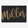 Personalized name door mat in vintage boho style with durable low-pile cotton chenille woven fabric