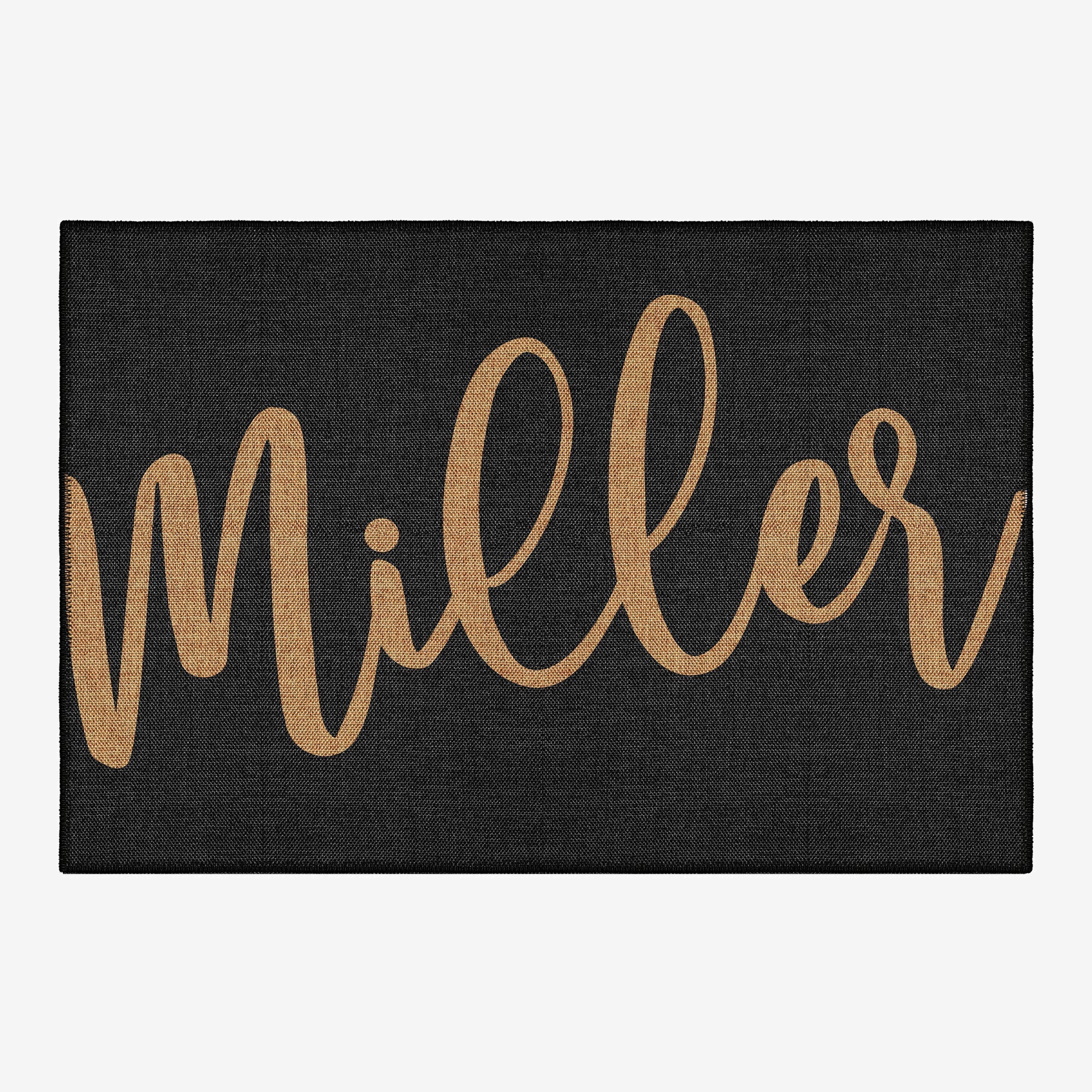 Personalized name door mat in vintage boho style with durable low-pile cotton chenille woven fabric