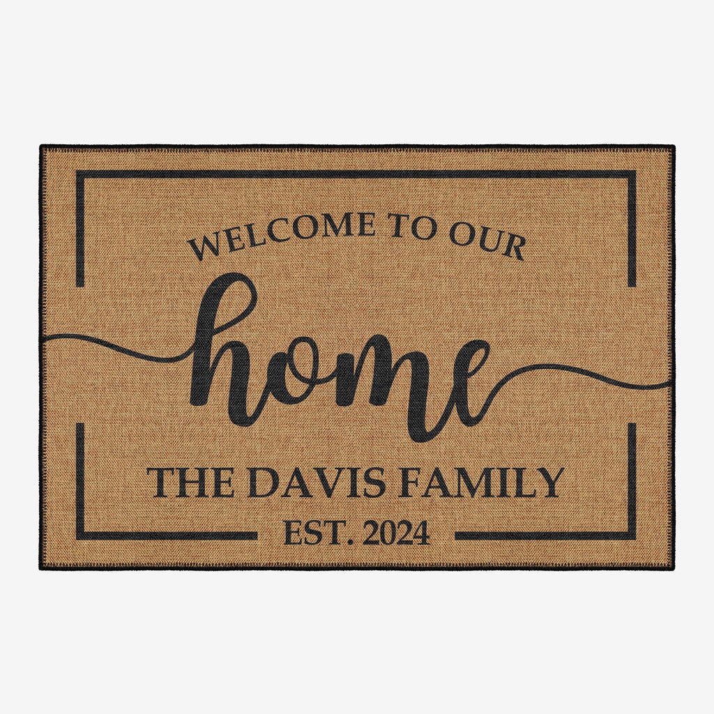 Custom welcome door mat featuring personalized text woven cotton kilim base and vintage boho design.