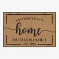 Custom welcome door mat featuring personalized text woven cotton kilim base and vintage boho design.