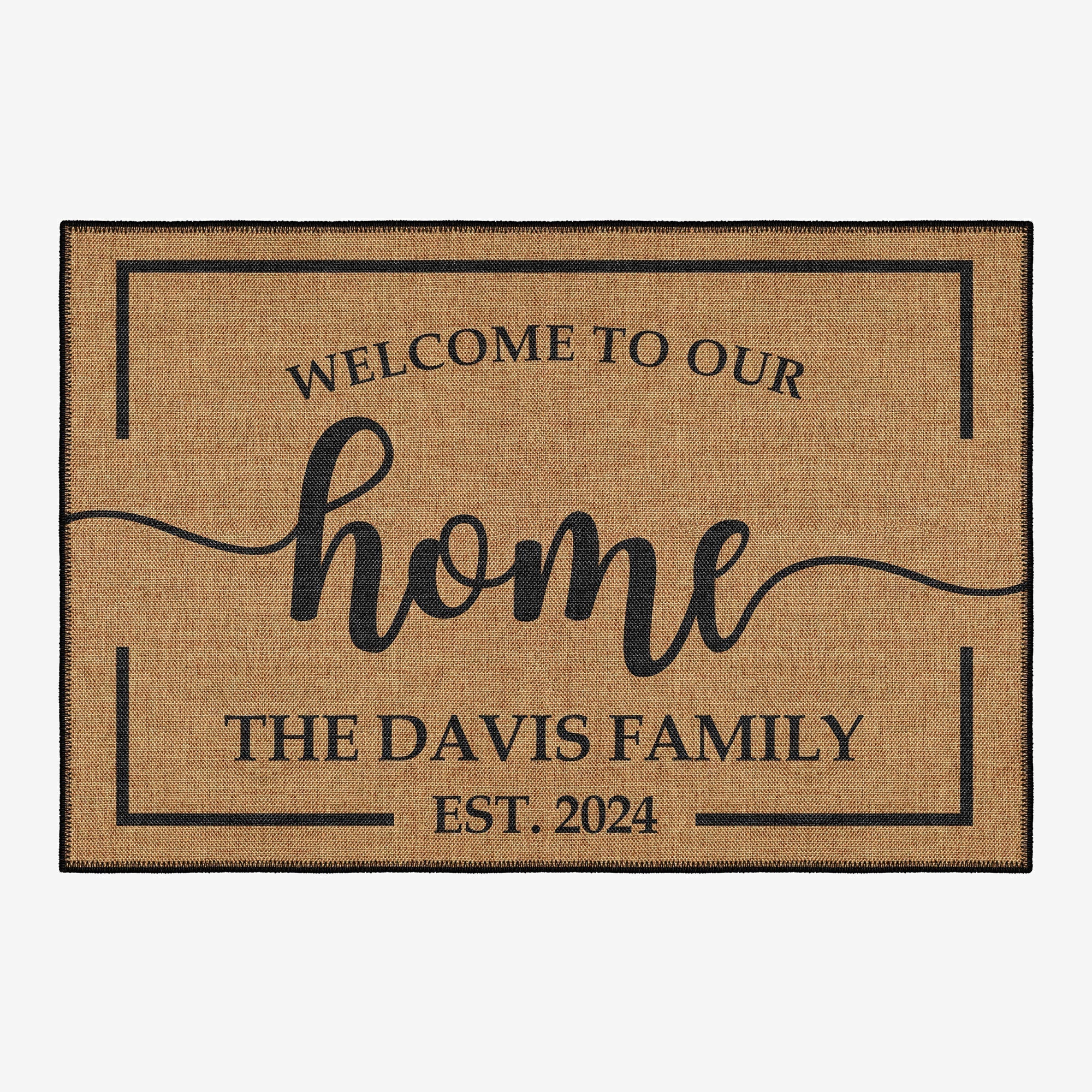 Custom welcome door mat featuring personalized text woven cotton kilim base and vintage boho design.