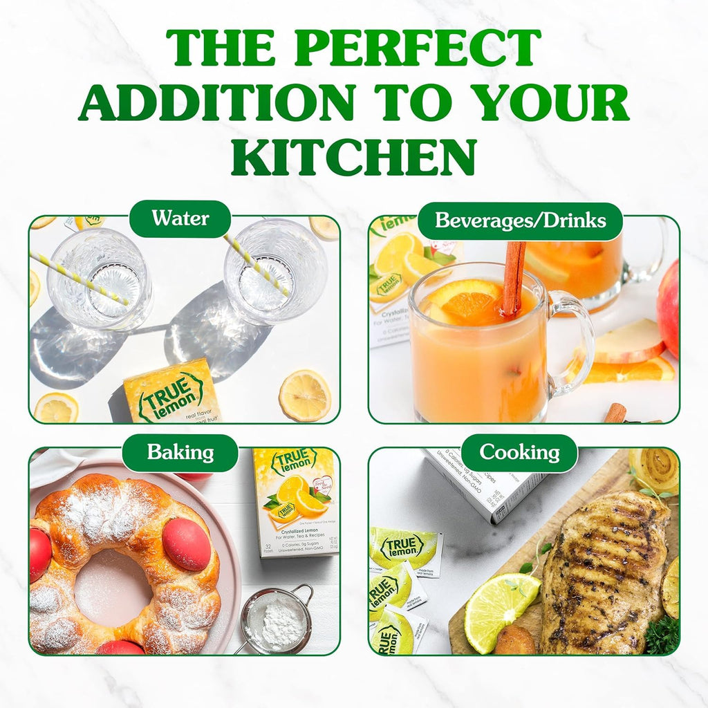 True Lemon water enhancer packets in dispenser boxes with fresh natural lemon wedges on display — view 3