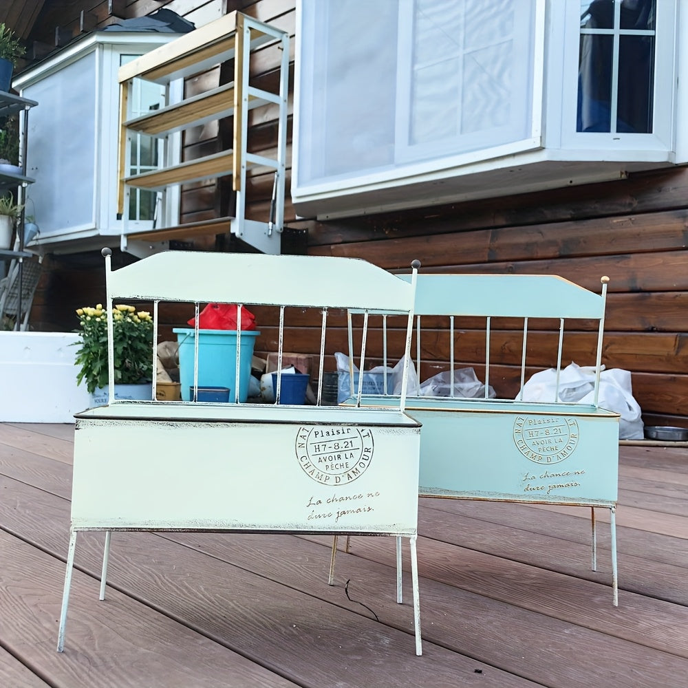 Vintage chair garden planter in cream metal with a square wooden base and built-in drainage — view 5