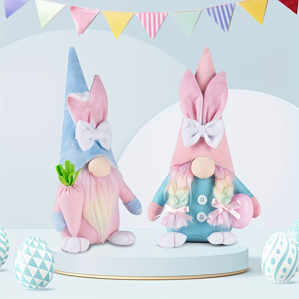 Two soft textile Easter gnome plush toys in vibrant pink and azure colors standing upright — view 2
