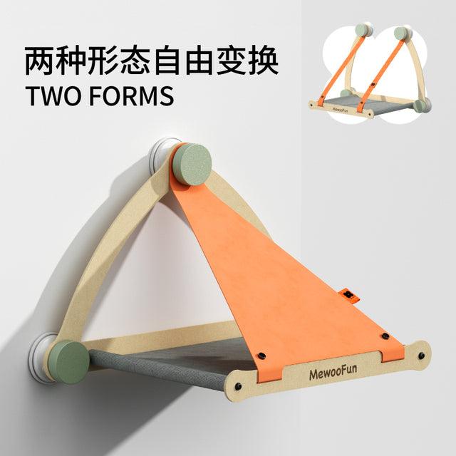 Wooden cat hammock window seat with breathable canvas mat attached to glass using suction cups — view 3