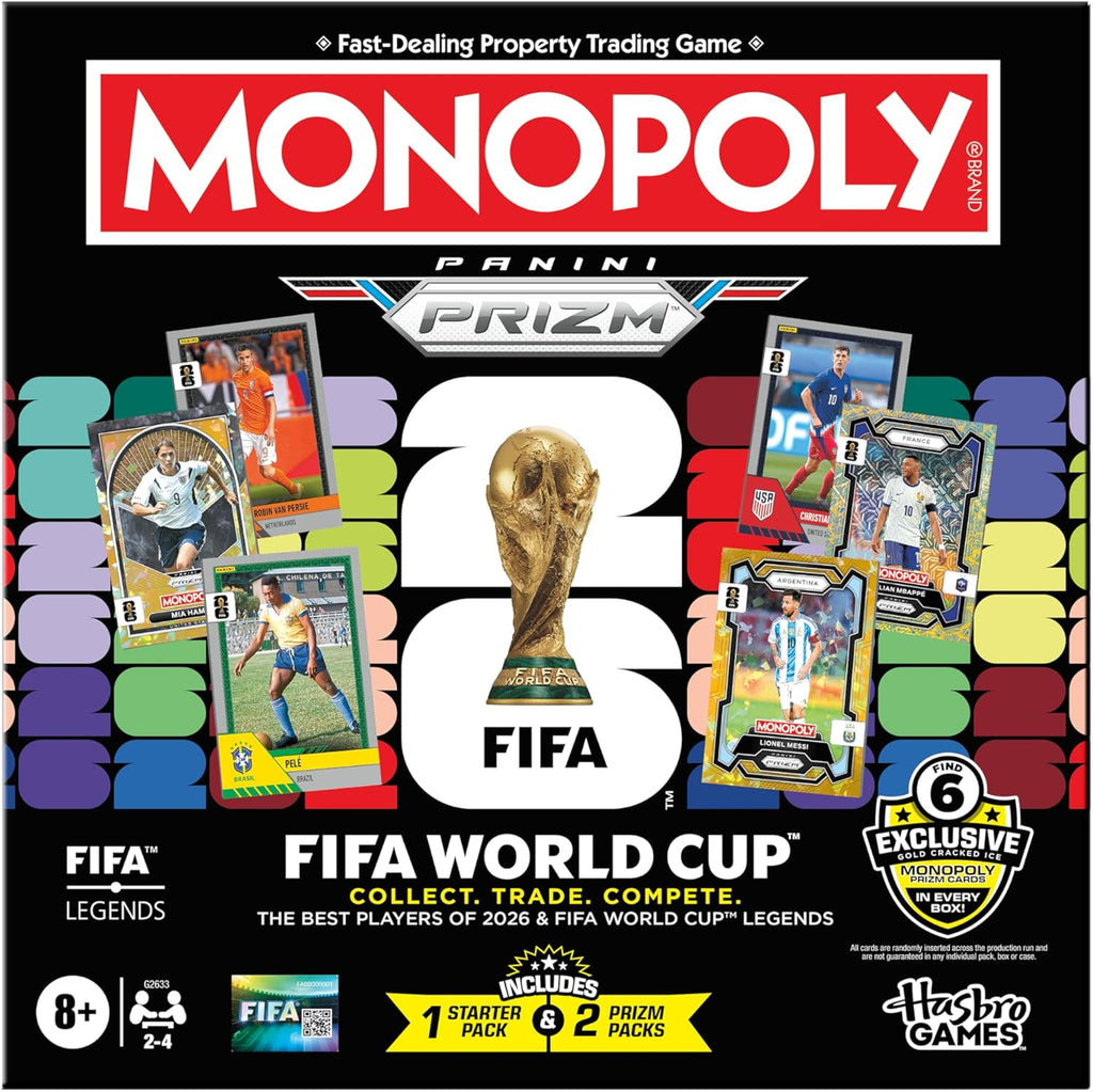 Monopoly FIFA board game box with football trading cards, dice, and player tokens on display