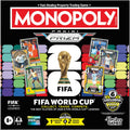 Monopoly FIFA board game box with football trading cards, dice, and player tokens on display