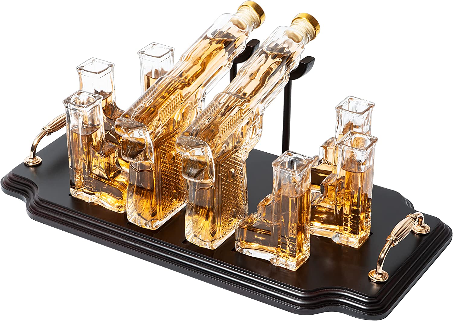 Double pistol whiskey decanter set with six shot glasses on a wooden display stand — view 4
