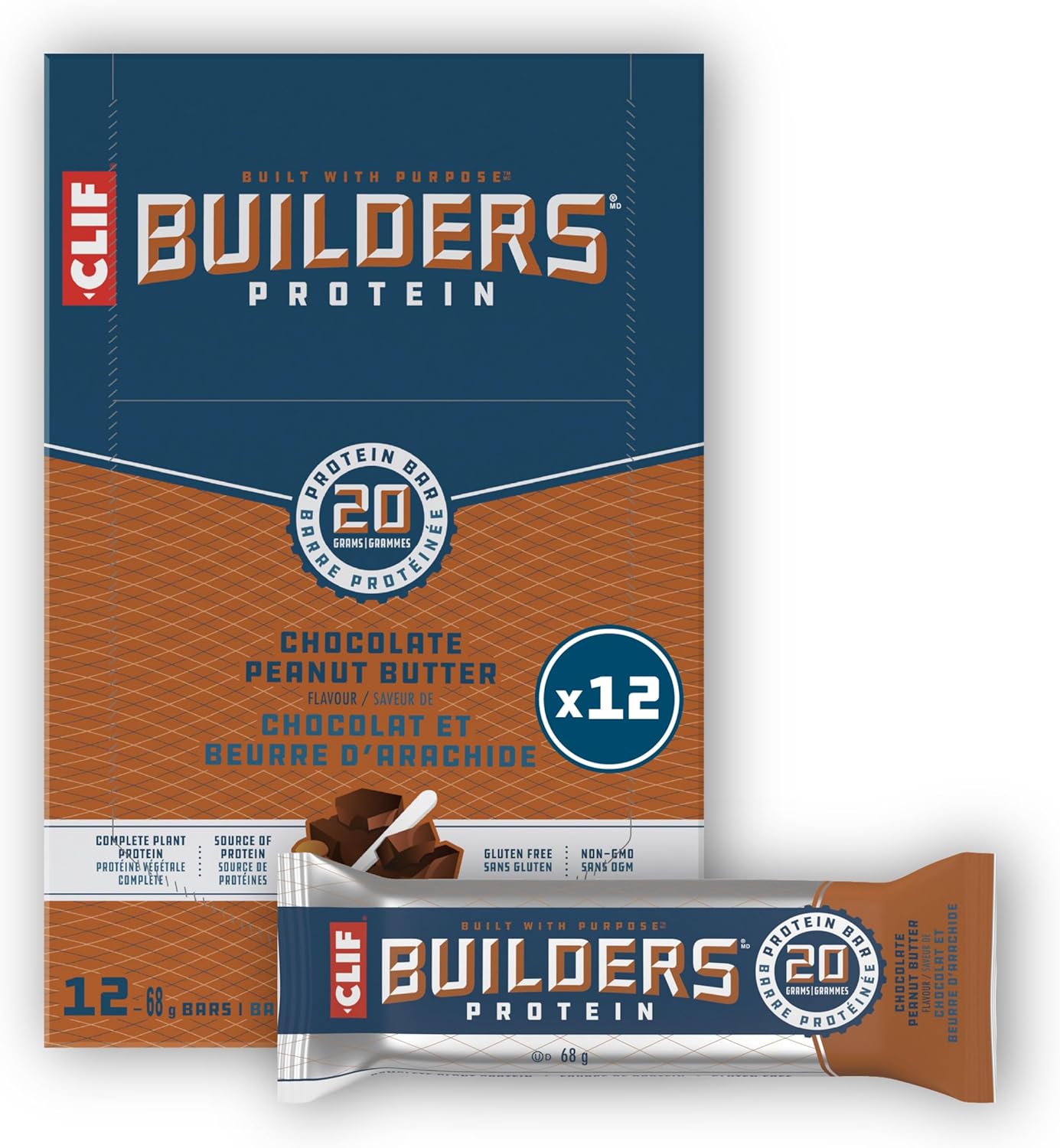 Clif Builders chocolate peanut butter protein bars 12 pack box with 20g plant protein