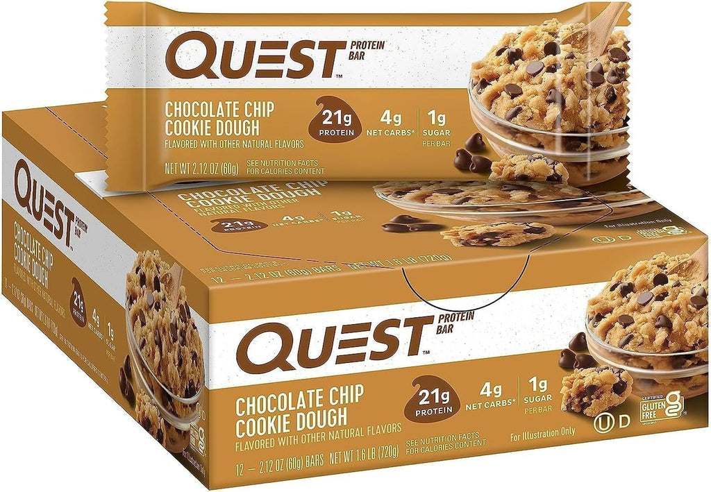 Quest cookie dough protein bar 12 pack box featuring delicious chocolate chips and soft dough