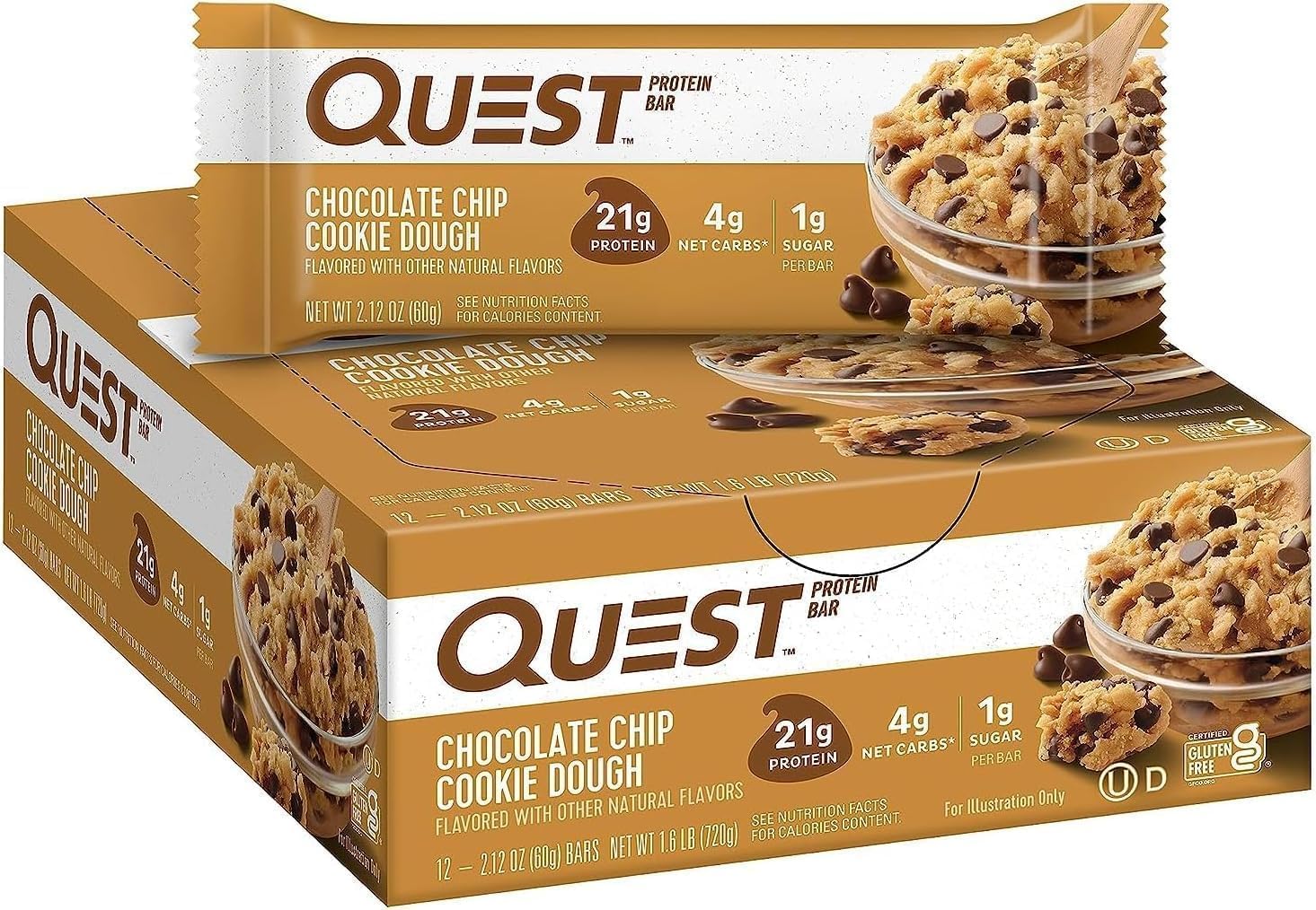 Quest cookie dough protein bar 12 pack box featuring delicious chocolate chips and soft dough