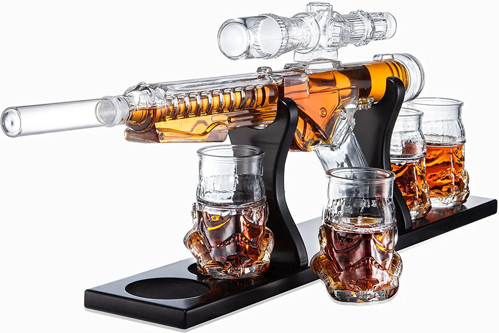 Glass blaster force gun whiskey decanter set with four glasses on a mahogany wood display base — view 4