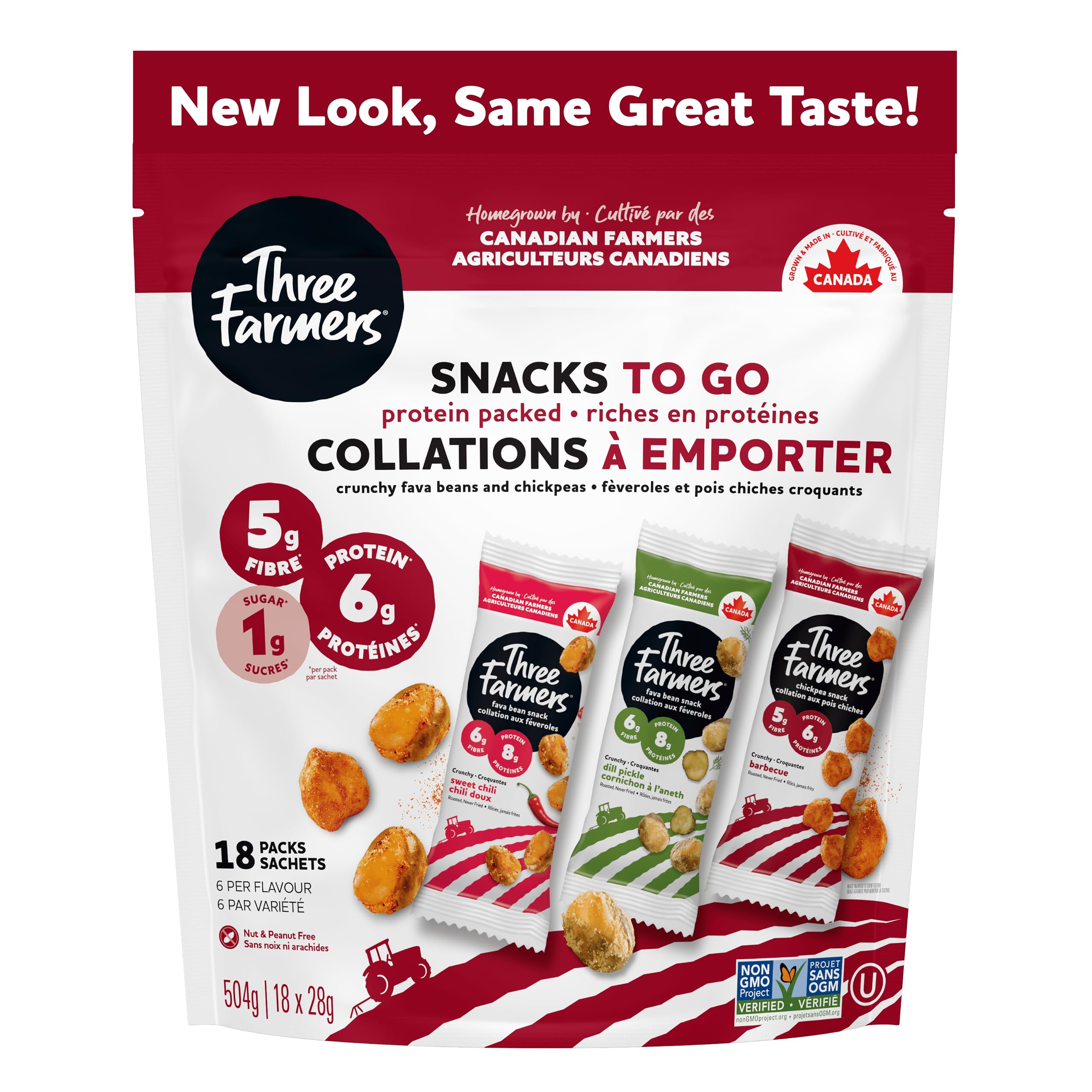 Healthy variety snack packs of roasted chickpeas and fava beans in colorful individual wrapping.