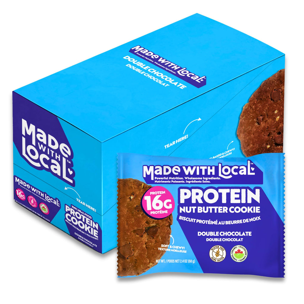 Box of 12 double chocolate protein nut butter cookies with organic plant-based ingredients
