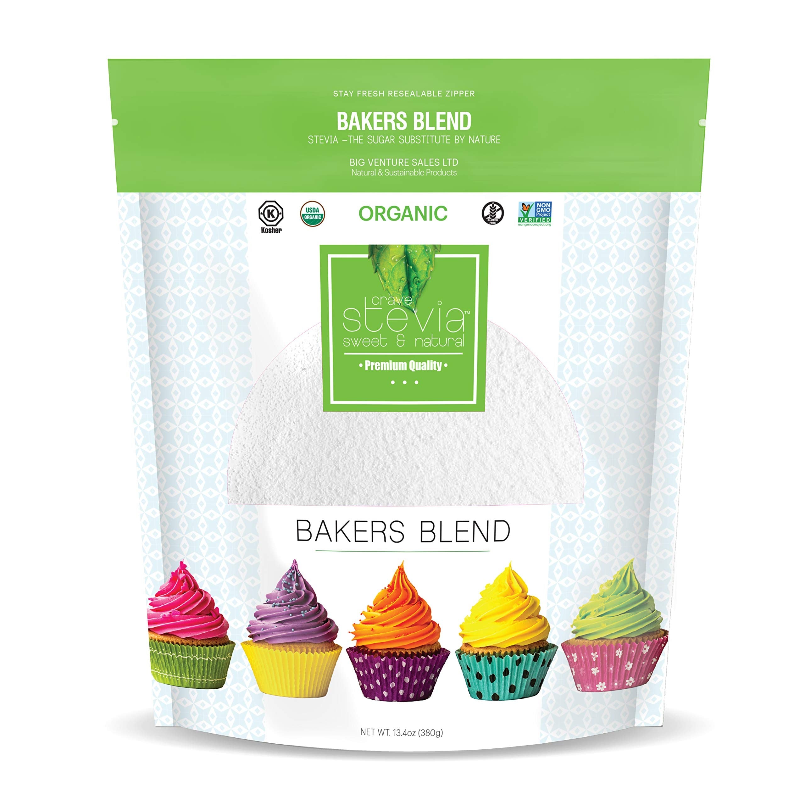 Organic calorie-free stevia baking blend in a 380g package for healthy guilt-free cooking and baking
