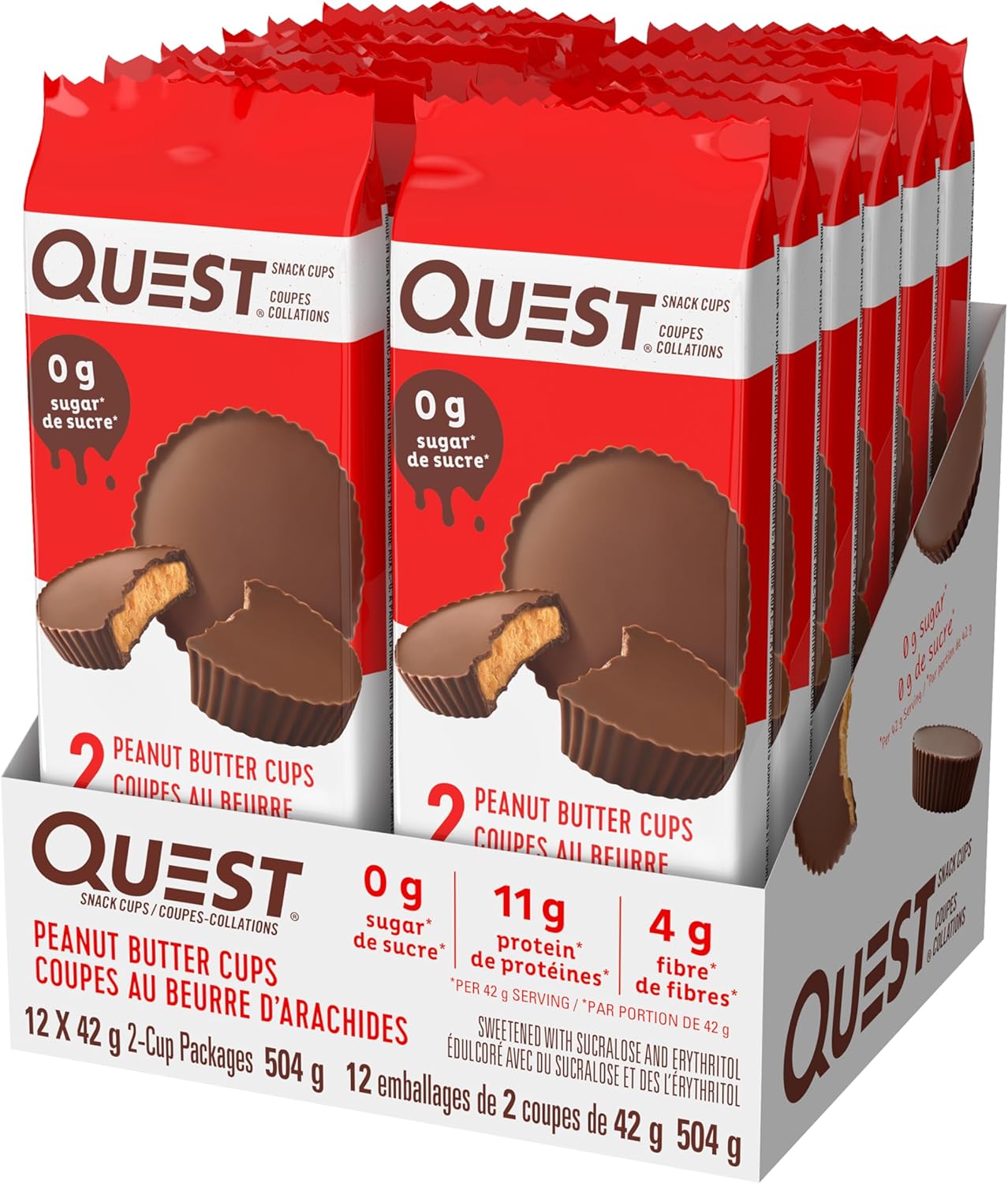 Box of twelve Quest peanut butter cups featuring high protein and low sugar nutritional labels. — view 2