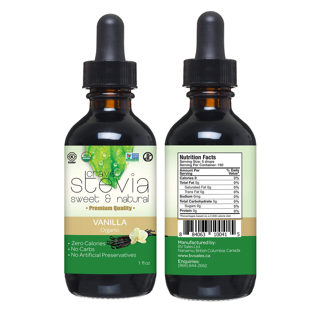 Two 30ml bottles of organic vanilla liquid stevia drops sweetener for coffee and tea