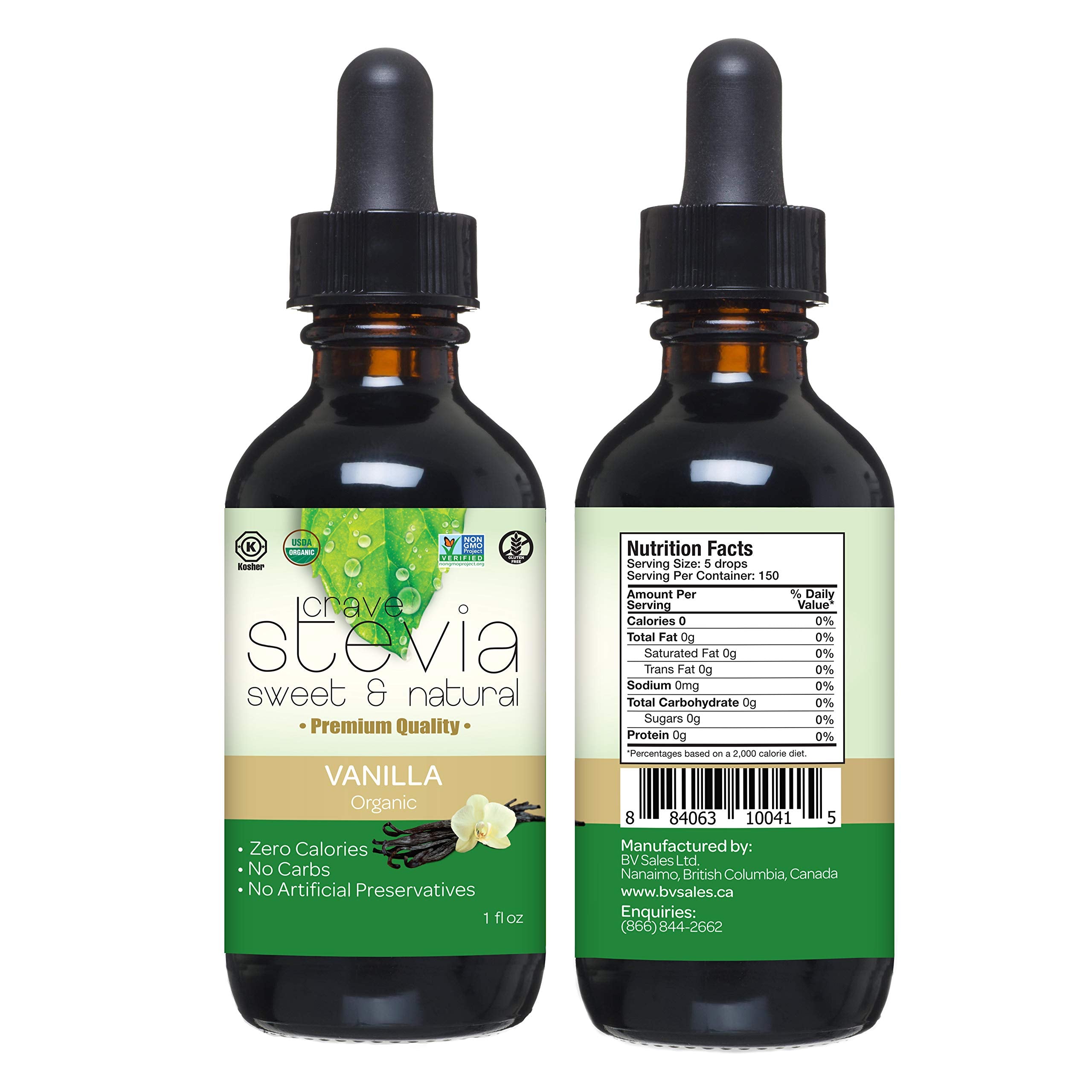 Two 30ml bottles of organic vanilla liquid stevia drops sweetener for coffee and tea