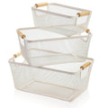 White steel mesh storage basket with foldable natural bamboo wooden handles for home organisation