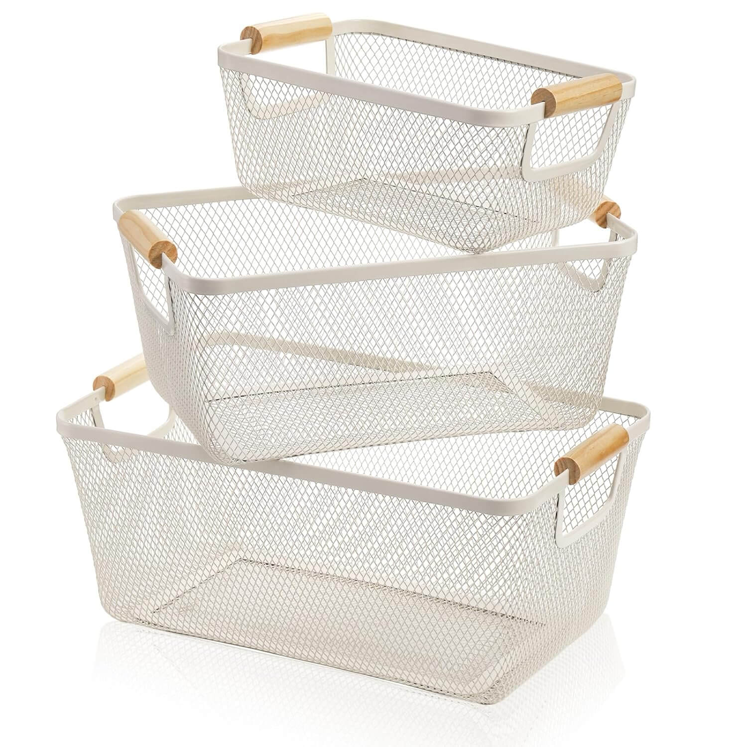 White steel mesh storage basket with foldable natural bamboo wooden handles for home organisation