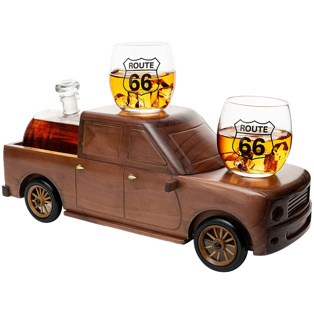 500ml glass barrel whiskey decanter resting in a wooden pickup truck display with two clear glasses