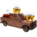 500ml glass barrel whiskey decanter resting in a wooden pickup truck display with two clear glasses