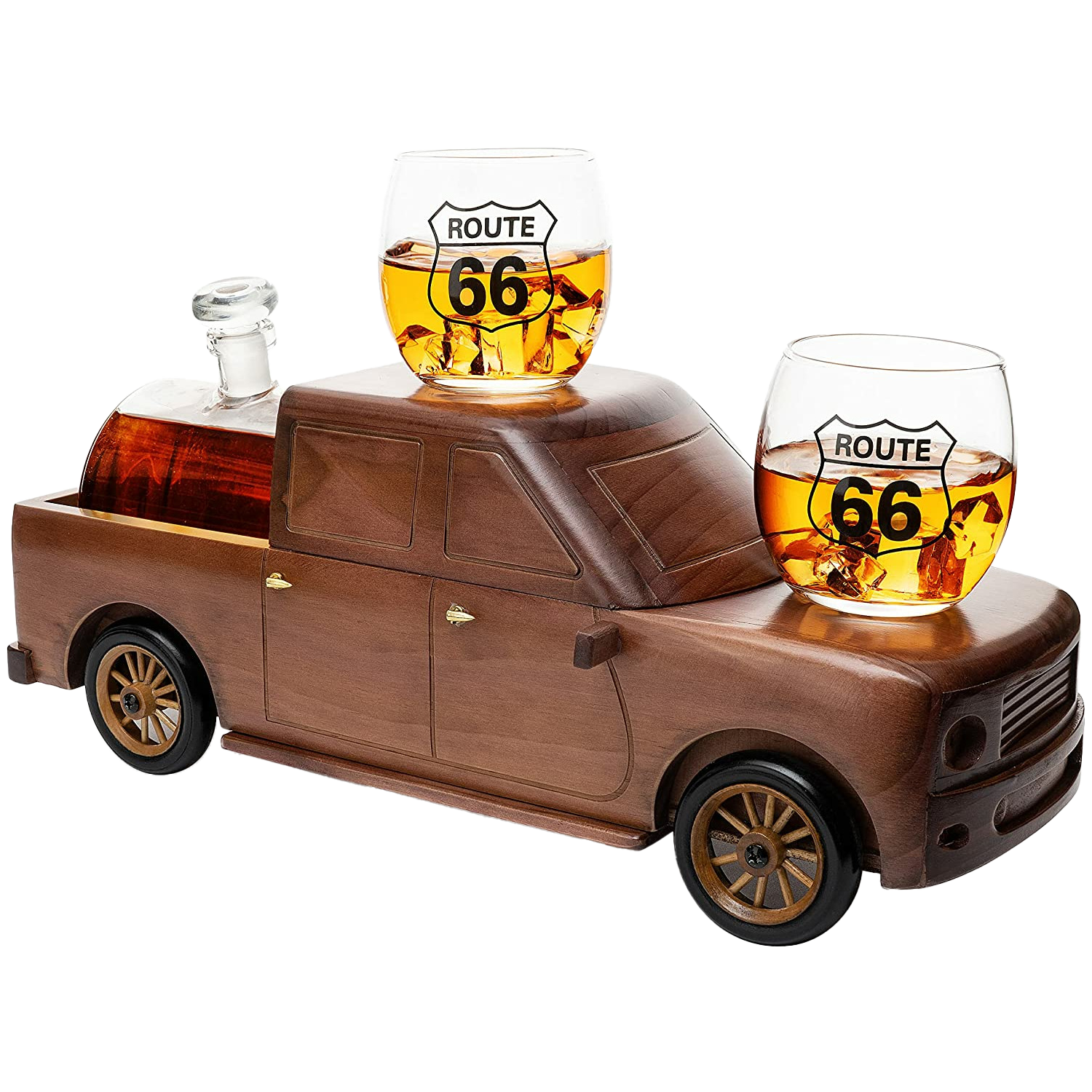 500ml glass barrel whiskey decanter resting in a wooden pickup truck display with two clear glasses