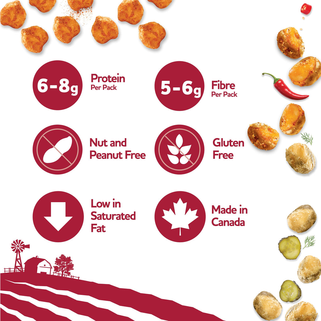 Healthy variety snack packs of roasted chickpeas and fava beans in colorful individual wrapping. — view 4